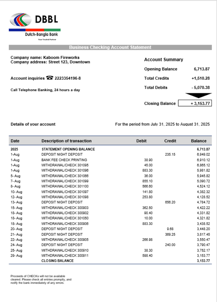 Modèle Word et PDF de relevé de compte courant d'entreprise néerlandais bangla